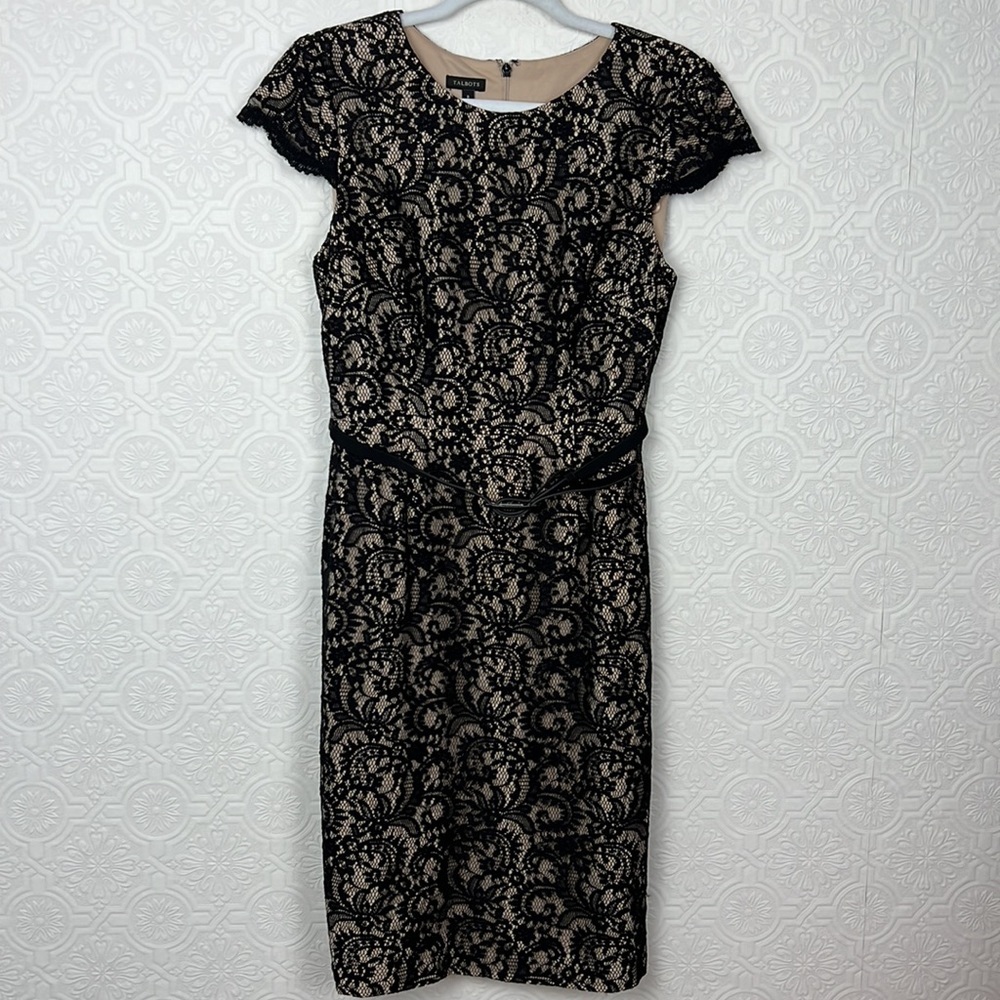 Talbots Cocktail Dress‎ Black Cream Lace Cap Sleeve Belt Belted Crew 8 Formal